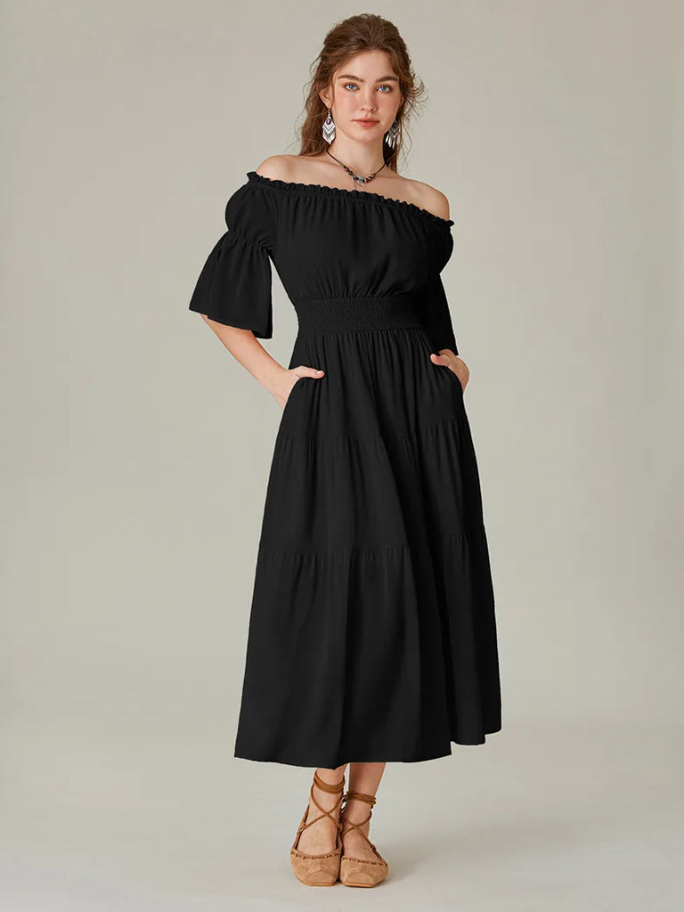 Women Elastic Off Shoulder Dress 1/2 Sleeve Dress with Pocket SCARLET DARKNESS