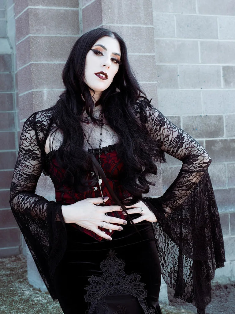 Women Victorian Goth Style Black Bell Sleeves Lace Cardigan SCARLET DARKNESS