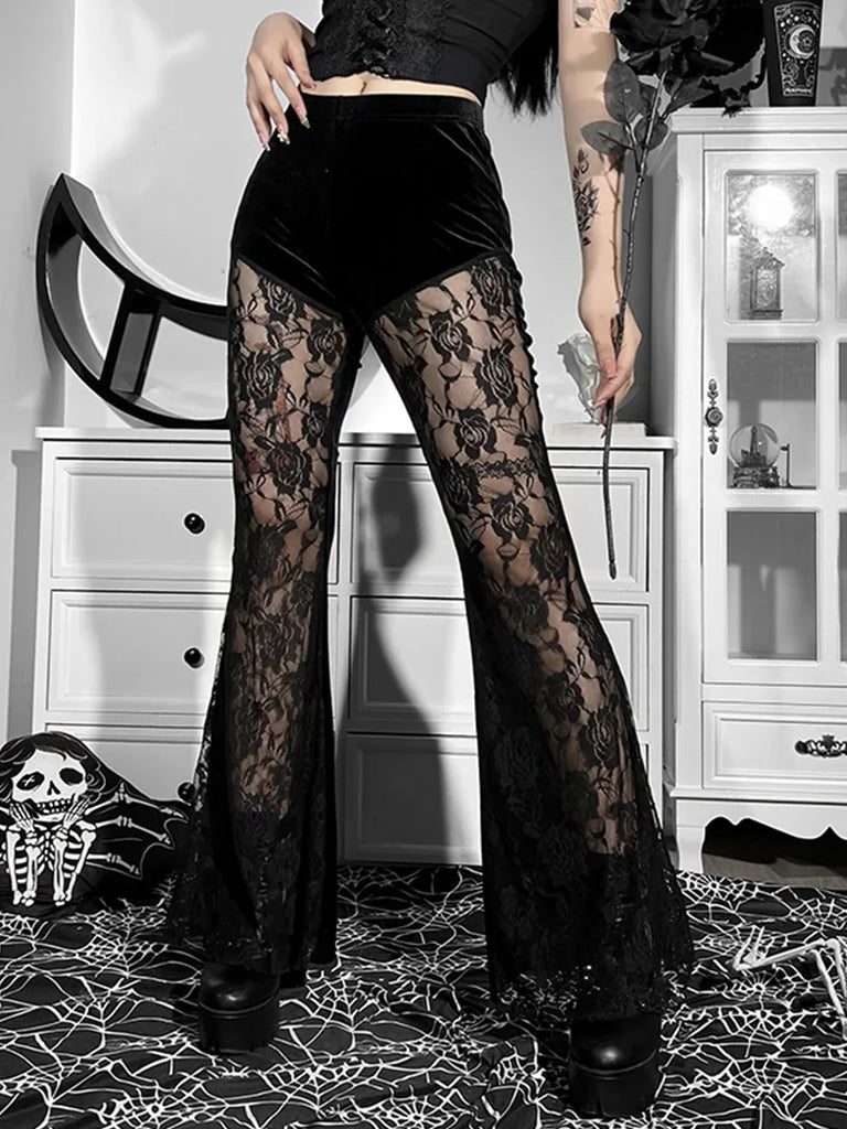 Women Victorian Goth Style Black Lace Velvet Flared Trousers SCARLET DARKNESS