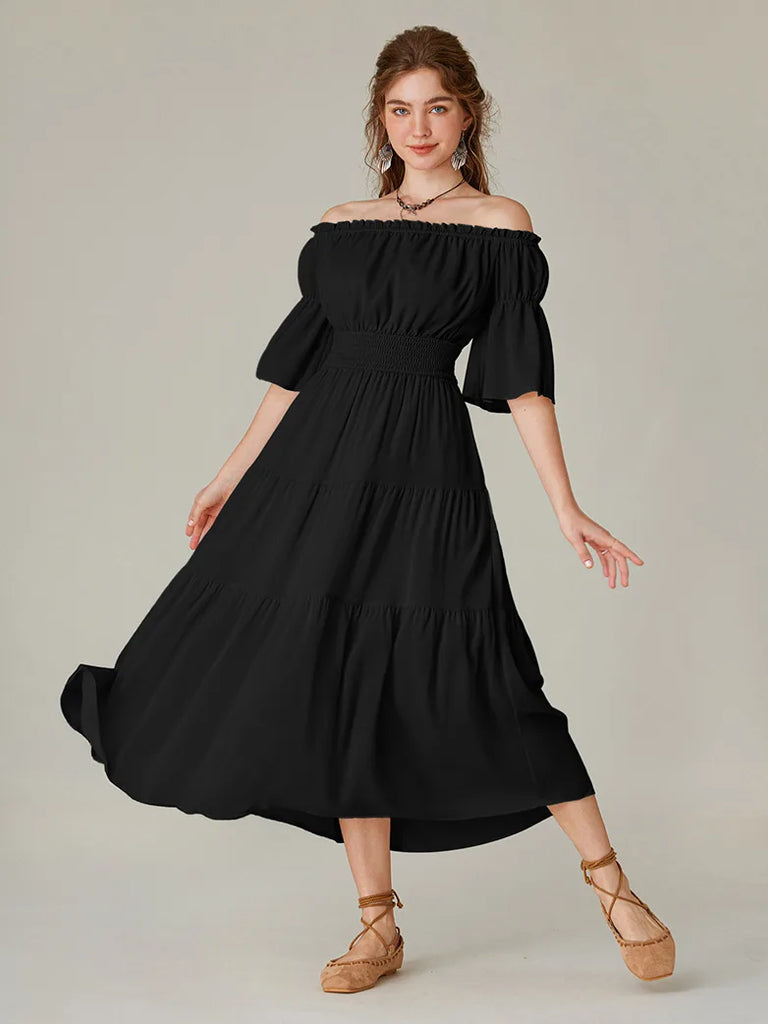 Women Elastic Off Shoulder Dress 1/2 Sleeve Dress with Pocket SCARLET DARKNESS