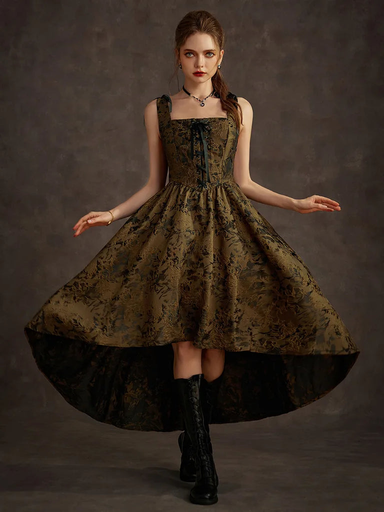 Women Victorian Gothic High-Lo Dress Jacquard Thorn Rose Dress SCARLET DARKNESS