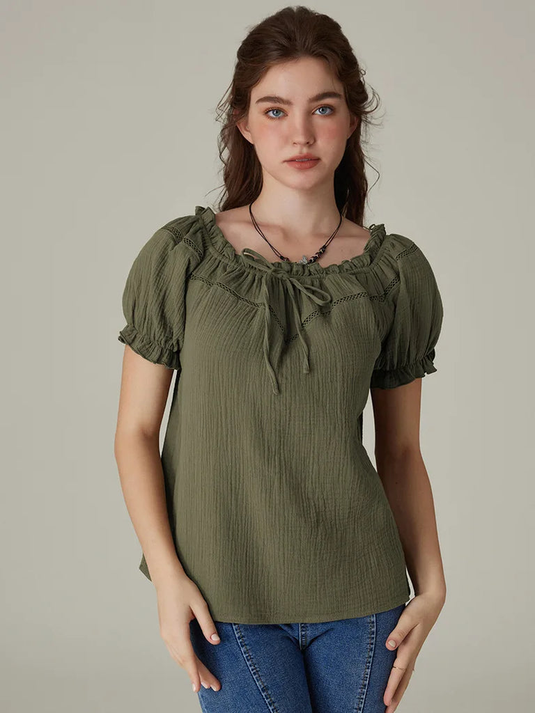 Renaissance Cotton Tops Crew Neck Off Shoulder Lace-up Tops SCARLET DARKNESS