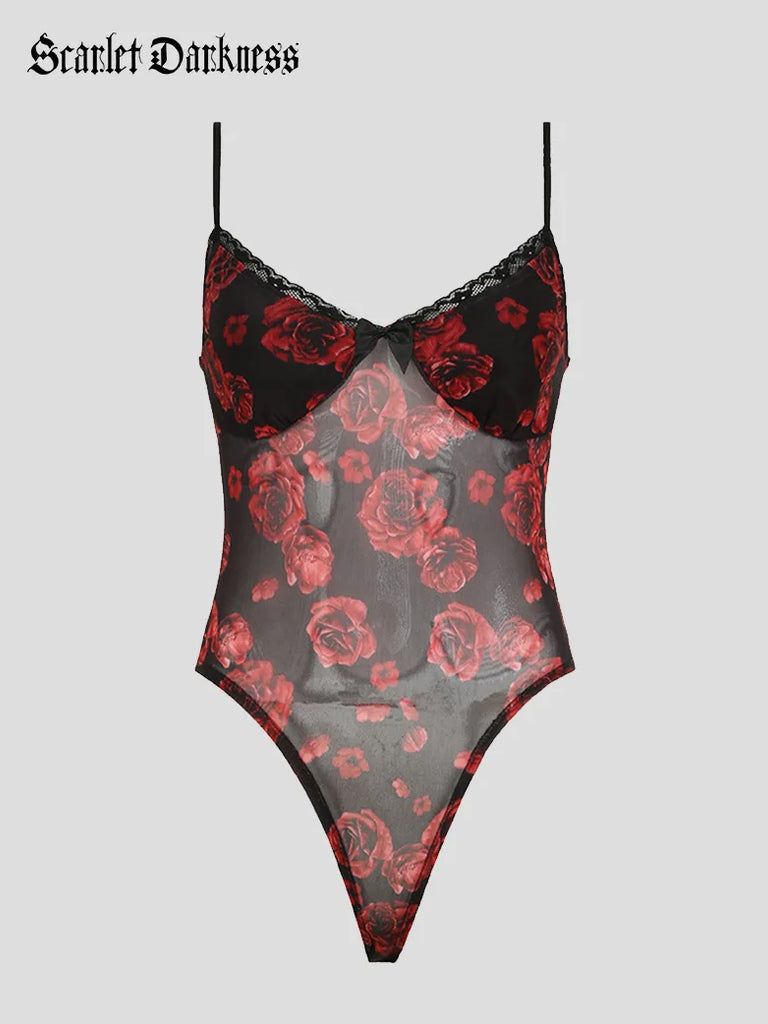 Scarlet Darkness Bodysuit Stretch Rose Mesh Camisole SCARLET DARKNESS