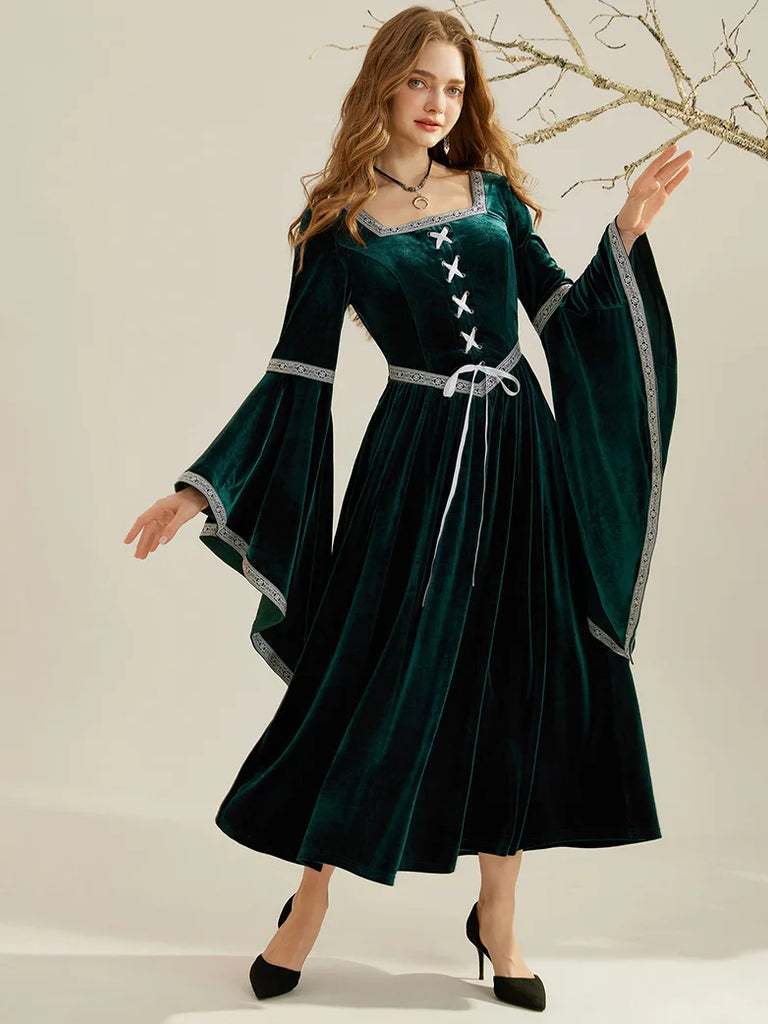 Women Royal Velvet Long Sleeve Square Neck Maxi Dress SCARLET DARKNESS