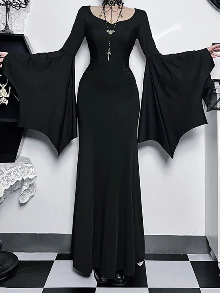 Morticia Addams Gothic Bat Sleeve Maxi Bodycon Dress SCARLET DARKNESS