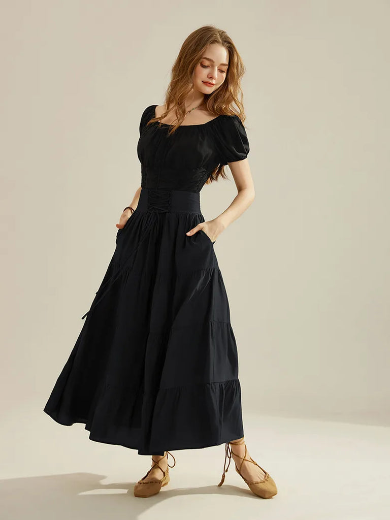 Women Renaissance Tiered Swing Skirt with Pocket SCARLET DARKNESS