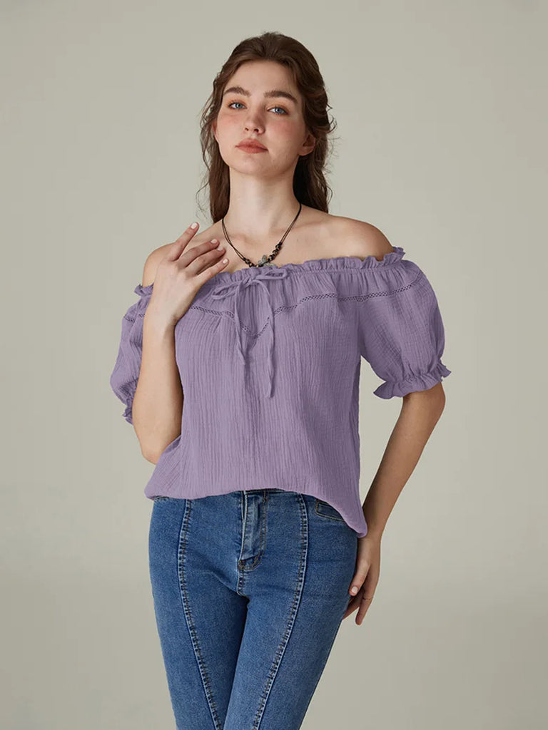 SCARLET DARKNESSRenaissance Cotton Tops Crew Neck Off Shoulder Lace-up Tops