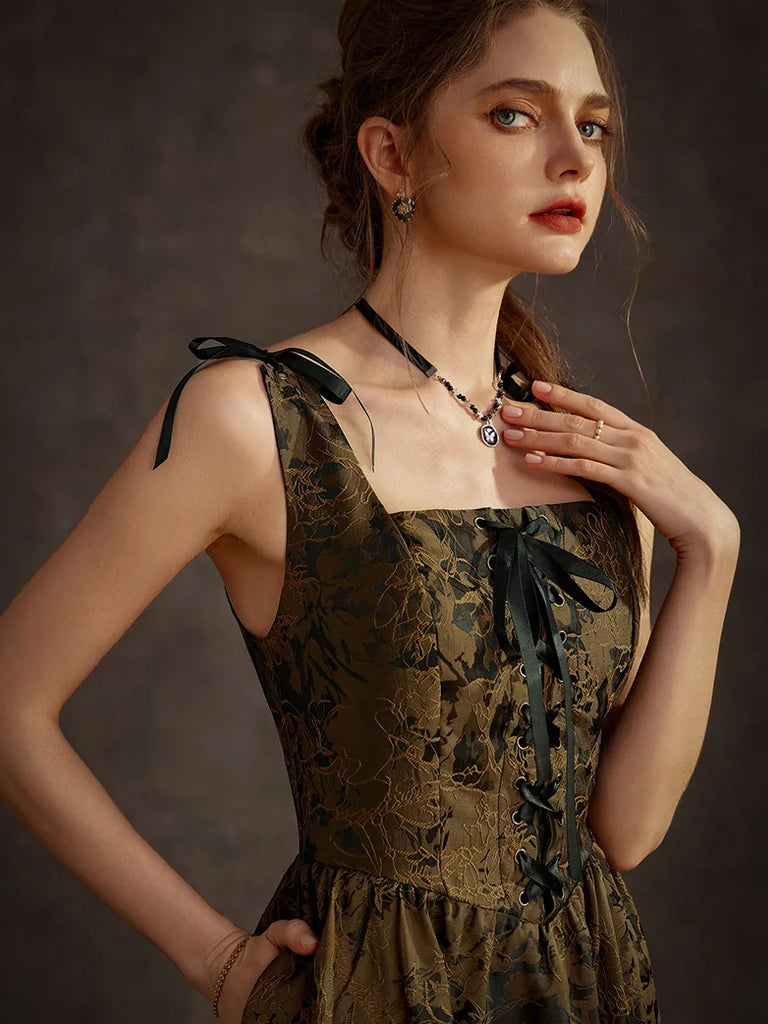 Women Victorian Gothic High-Lo Dress Jacquard Thorn Rose Dress SCARLET DARKNESS