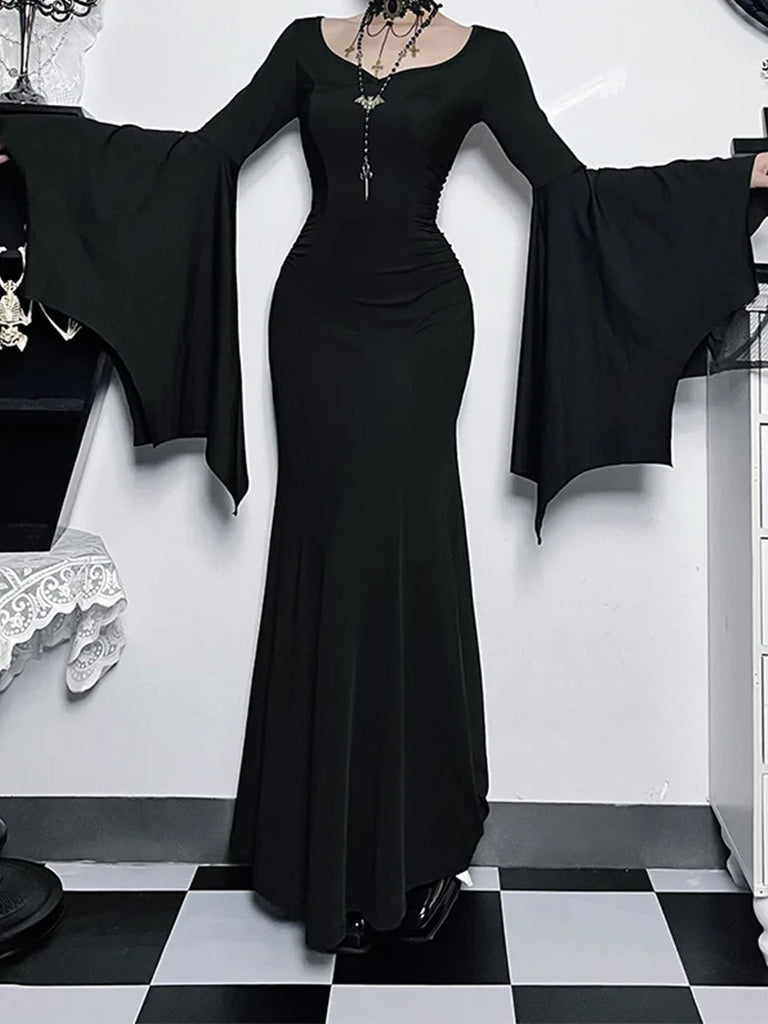 Morticia Addams Gothic Bat Sleeve Maxi Bodycon Dress SCARLET DARKNESS