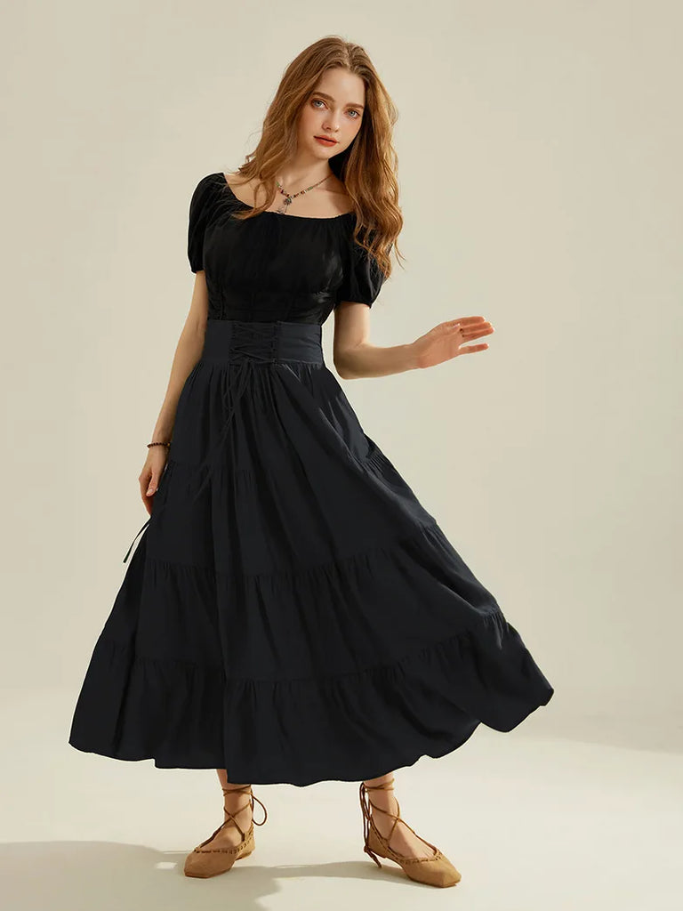 Women Renaissance Tiered Swing Skirt with Pocket SCARLET DARKNESS