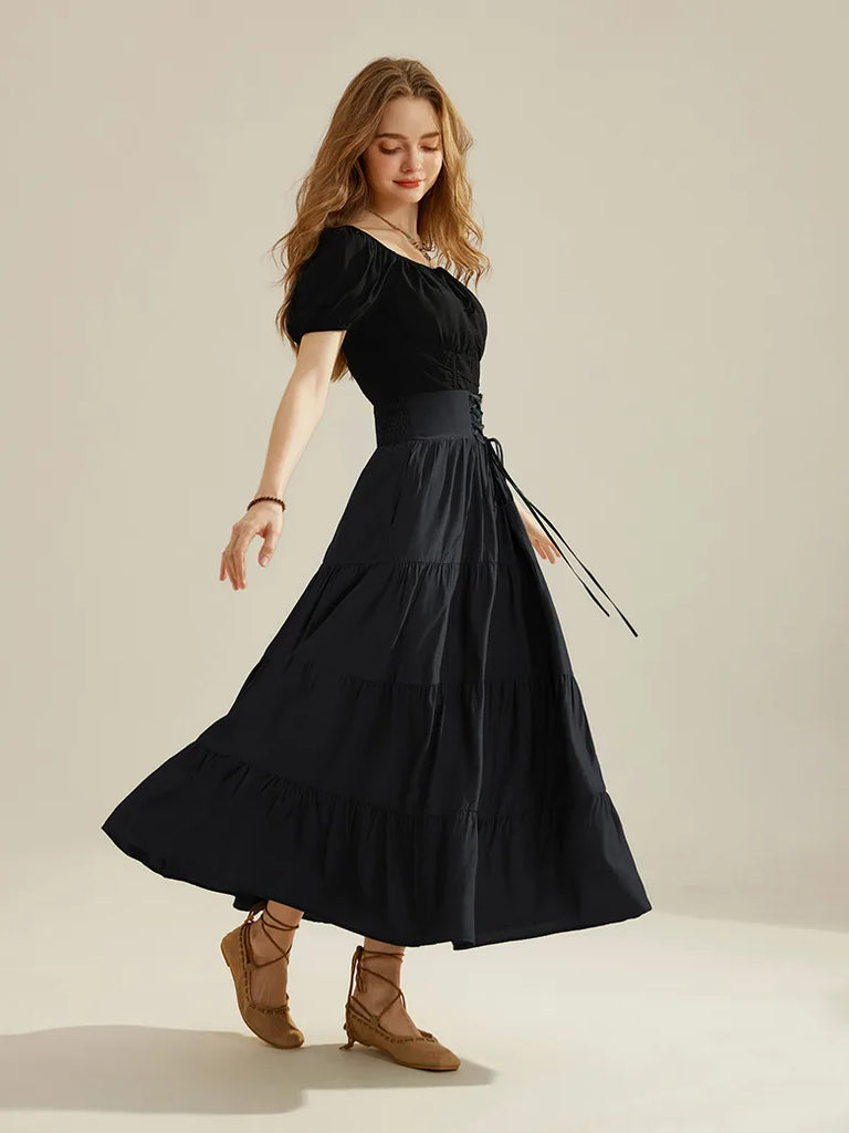 Women Renaissance Tiered Swing Skirt with Pocket SCARLET DARKNESS