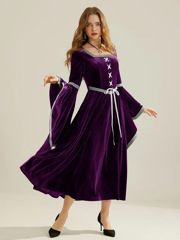 Women Royal Velvet Long Sleeve Square Neck Maxi Dress SCARLET DARKNESS