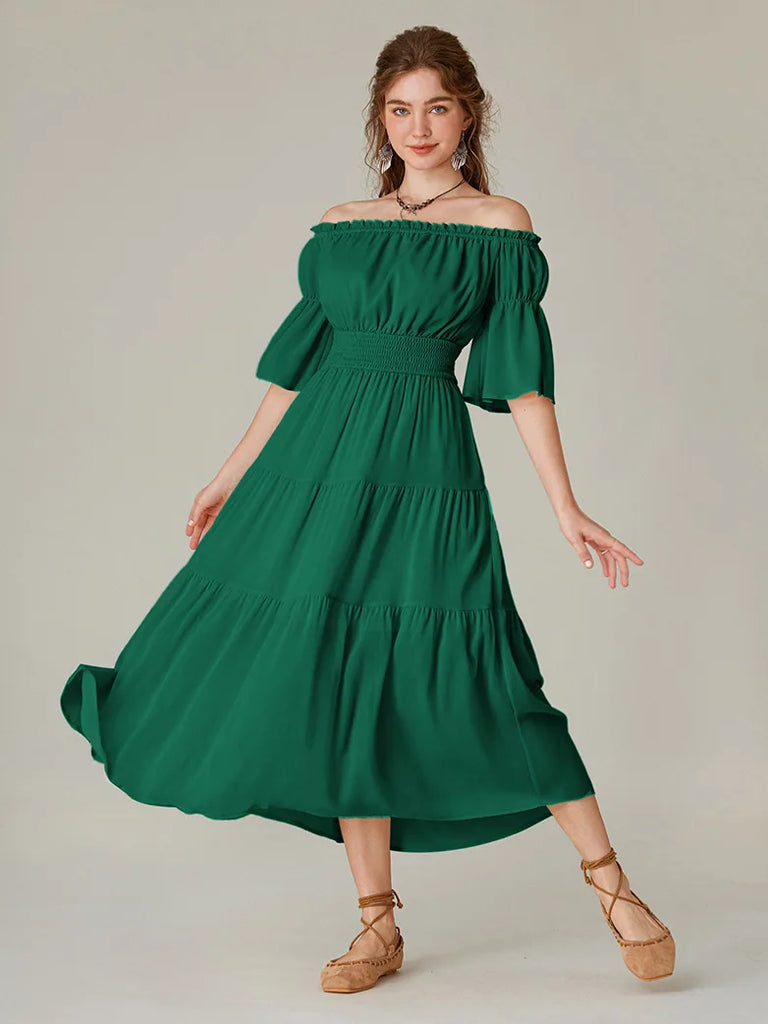 Women Elastic Off Shoulder Dress 1/2 Sleeve Dress with Pocket SCARLET DARKNESS