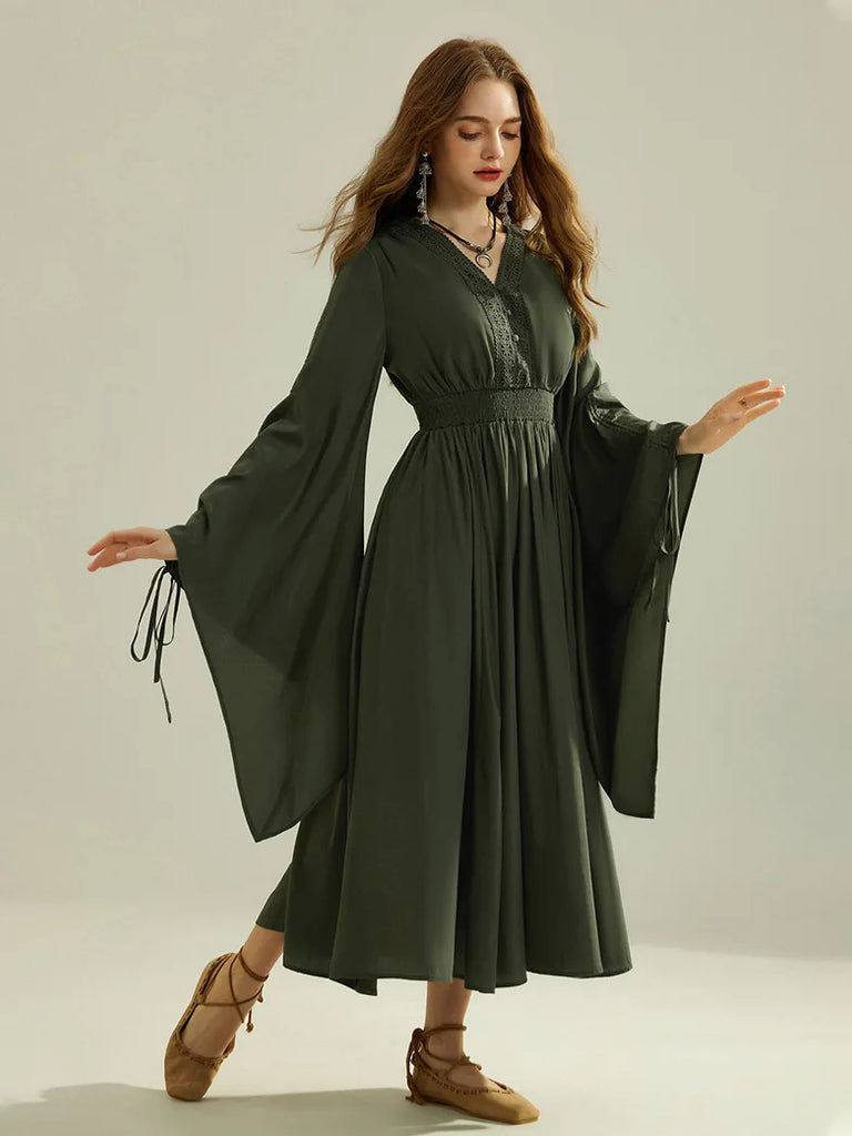 Ren Faire Rayon Pleated Bell Sleeves Elastic Waist Pocket Dress SCARLET DARKNESS