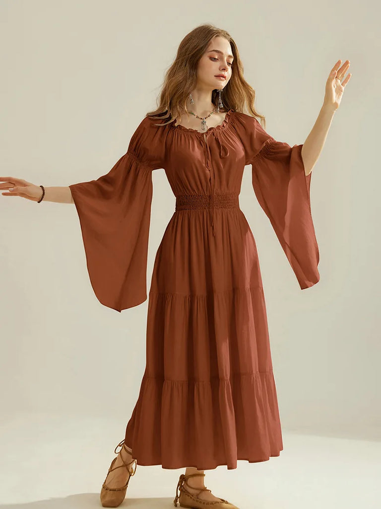 Women Tiered Maxi Dress Off-Shoulder Pocket Dress SCARLET DARKNESS