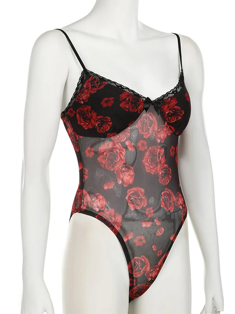 Scarlet Darkness Bodysuit Stretch Rose Mesh Camisole SCARLET DARKNESS