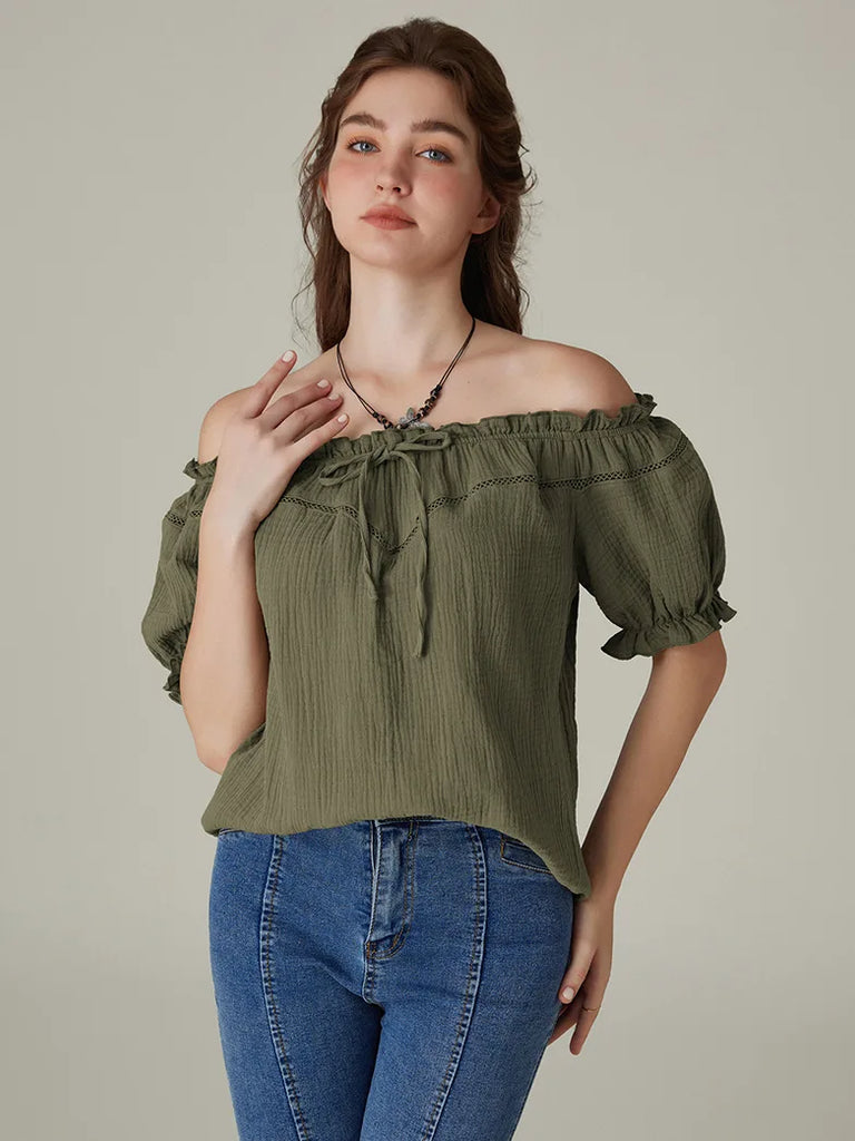 Renaissance Cotton Tops Crew Neck Off Shoulder Lace-up Tops SCARLET DARKNESS