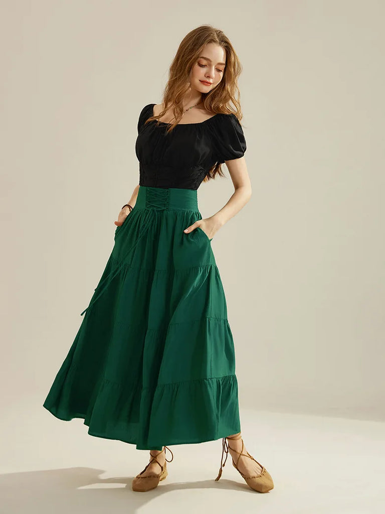 Women Renaissance Tiered Swing Skirt with Pocket SCARLET DARKNESS