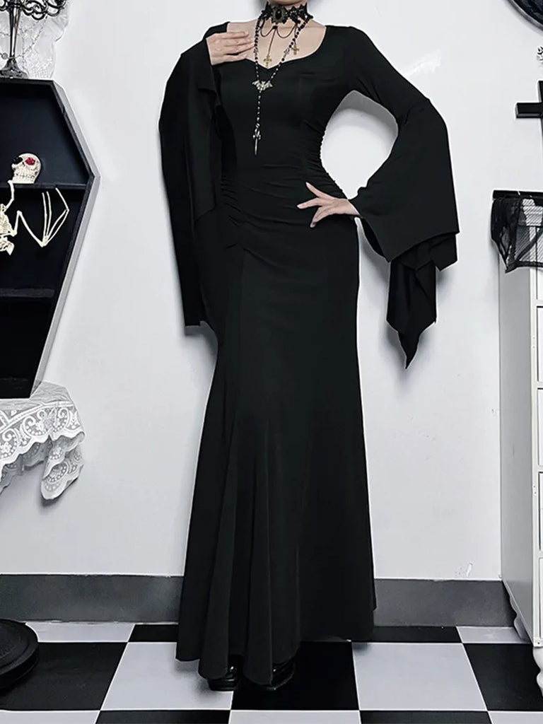 Morticia Addams Gothic Bat Sleeve Maxi Bodycon Dress SCARLET DARKNESS