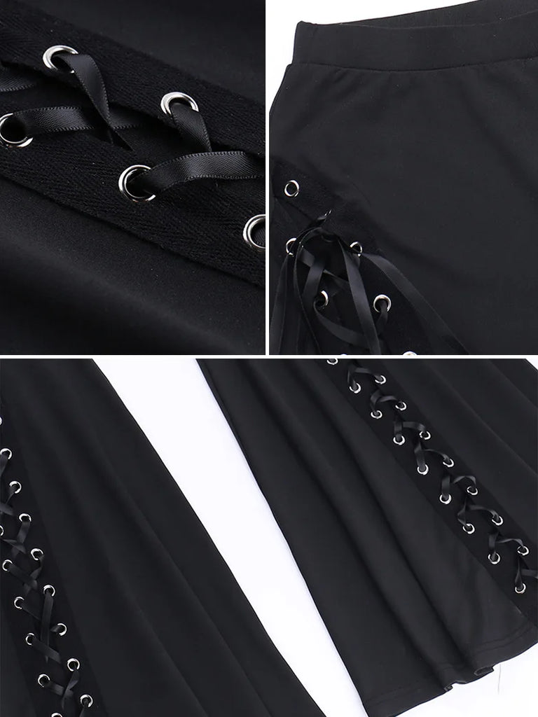 Women Punk Style Pants Black Eyelets Flared Trousers SCARLET DARKNESS