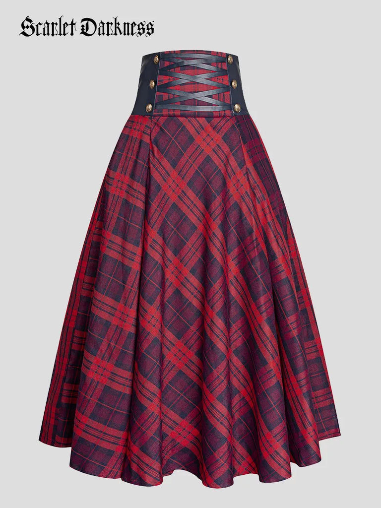 Plaided High Waist Buttons Decorated A-Line Skirt SCARLET DARKNESS