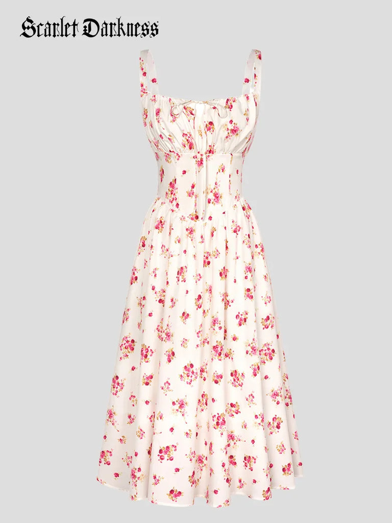 Women 2024 Spring & Summer Floral Dress with Pocket SCARLET DARKNESS