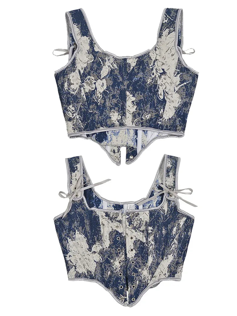 Women Vintage Denim Blue Printed Lace-Up Corset SCARLET DARKNESS