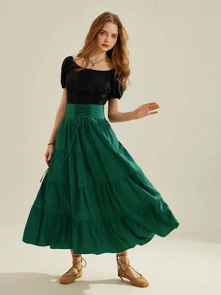 Women Renaissance Tiered Swing Skirt with Pocket SCARLET DARKNESS