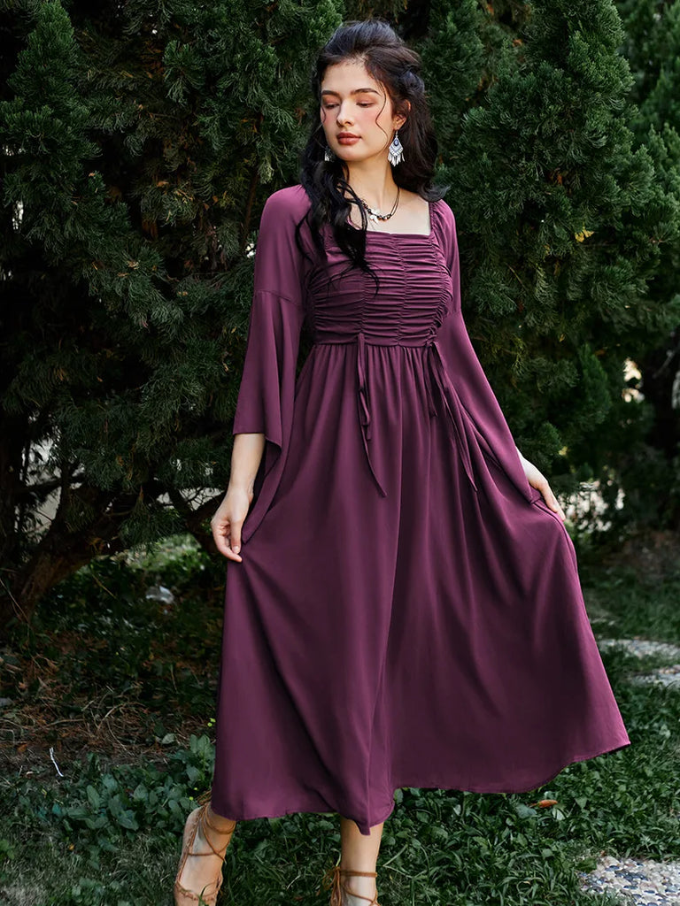 Women Chiffon Dress Off Shouder Ruched Dress with Pocket SCARLET DARKNESS