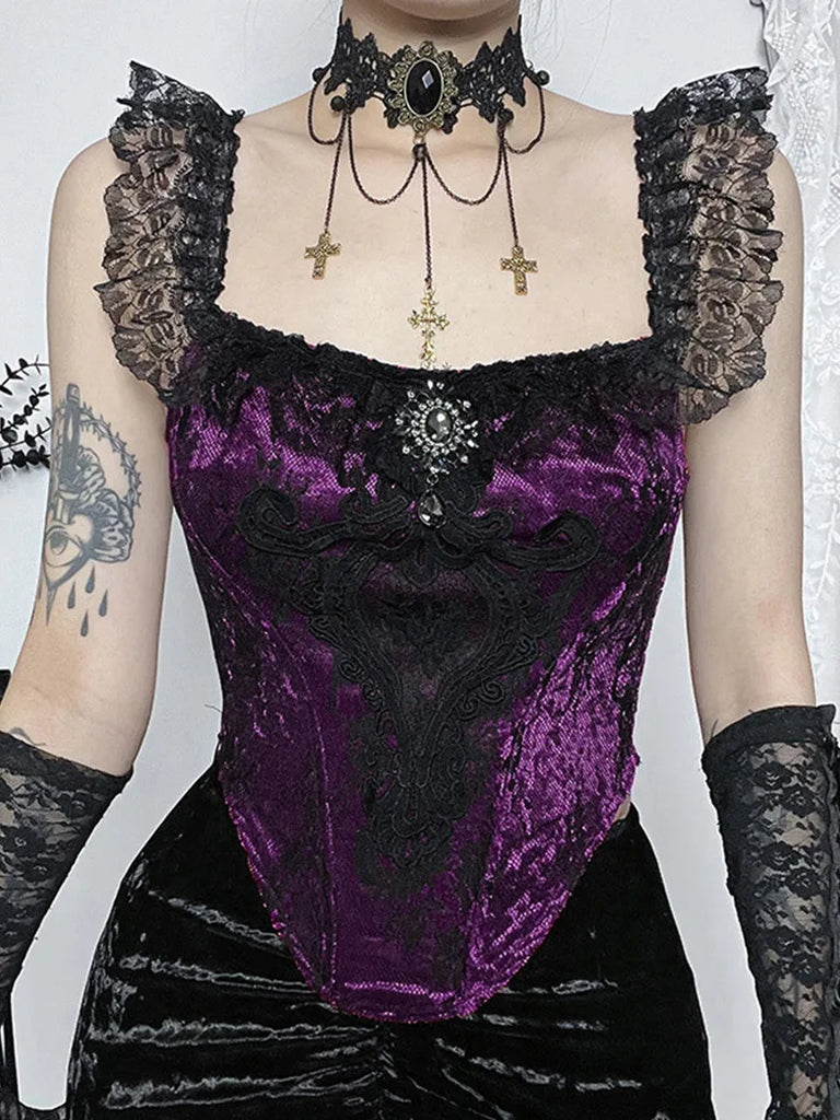 Women Masquerade Gothic Lace Floral Patch Bustier Tops SCARLET DARKNESS