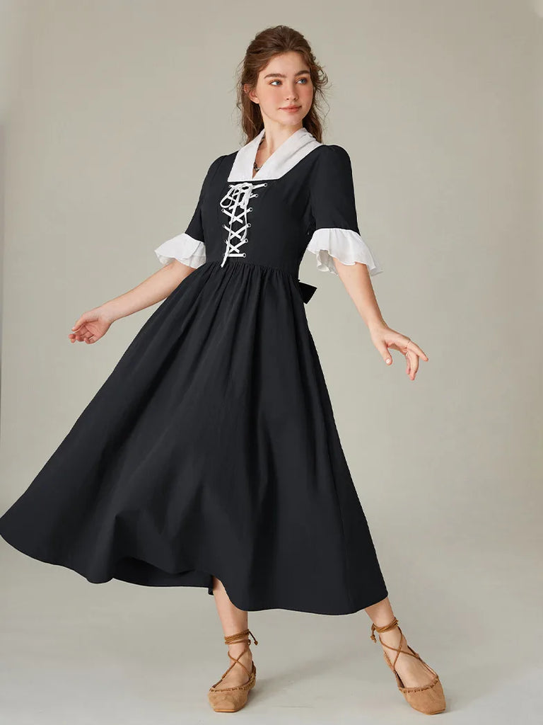 Women Colonial and Pioneer Lace up Maxi Dress with Pocket SCARLET DARKNESS