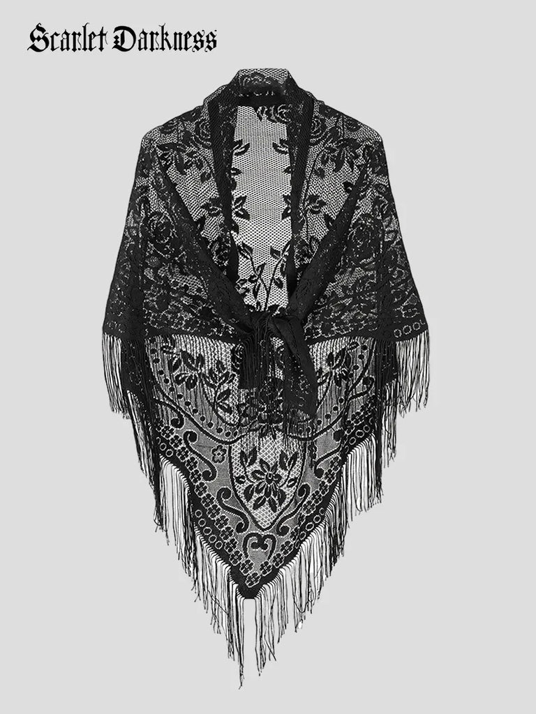 Women Victorian Gothic Lace Jacquard Tassel Cape SCARLET DARKNESS