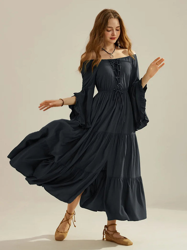 Renaissance Off Shoulder Dress Front Slit A-Line Dress SCARLET DARKNESS