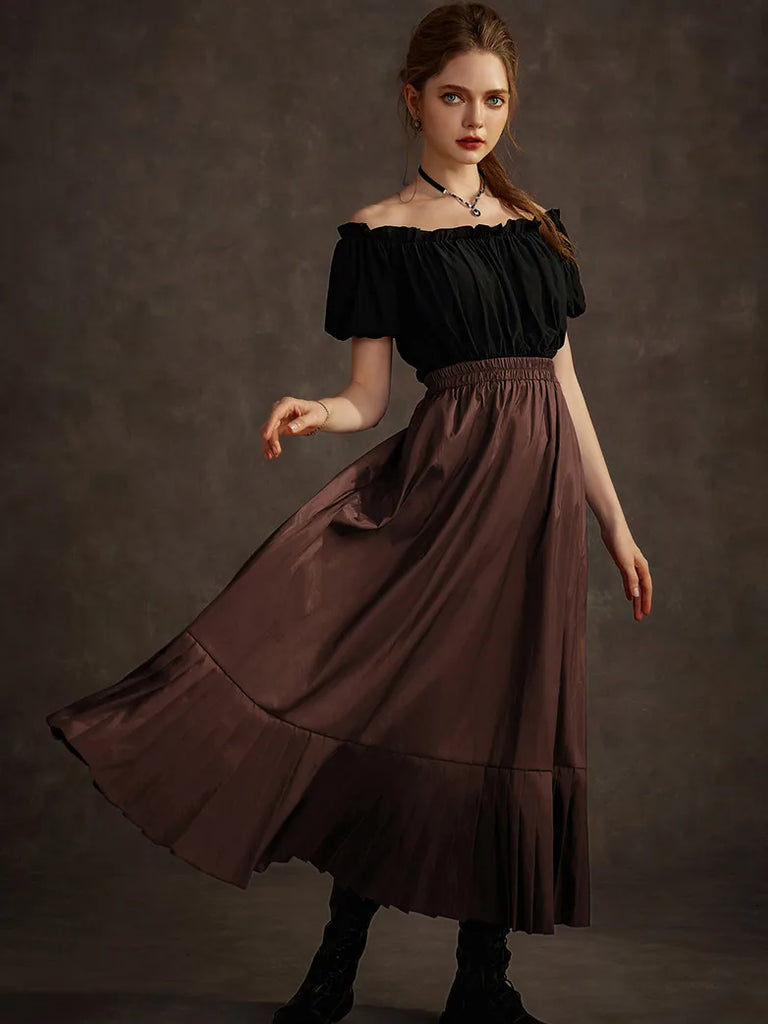 Victorian Goth Tiered Pleated Hem Chameleon Maxi Skirt SCARLET DARKNESS