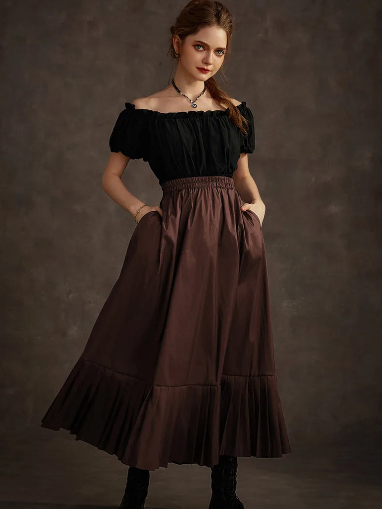 Victorian Goth Tiered Pleated Hem Chameleon Maxi Skirt SCARLET DARKNESS