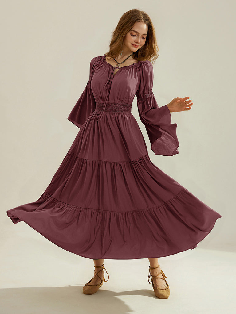 Women Tiered Maxi Dress Off-Shoulder Pocket Dress SCARLET DARKNESS