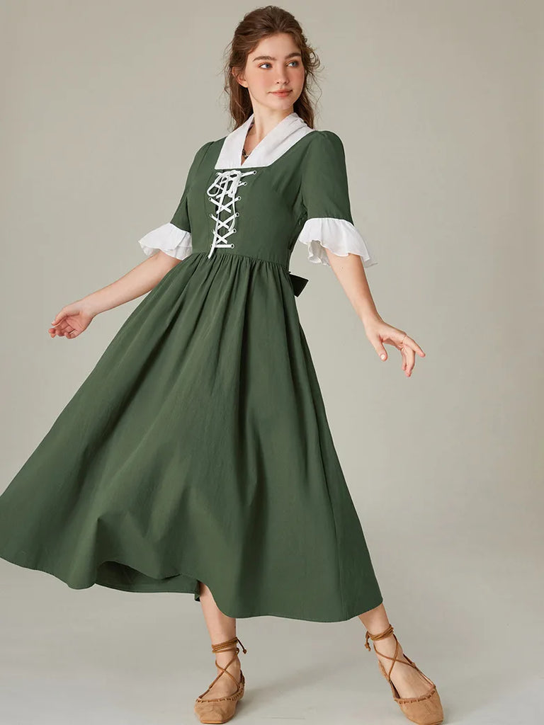 Women Colonial and Pioneer Lace up Maxi Dress with Pocket SCARLET DARKNESS