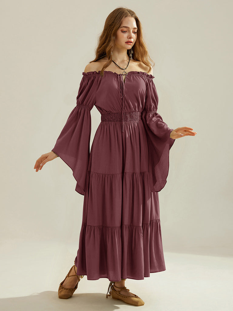 Women Tiered Maxi Dress Off-Shoulder Pocket Dress SCARLET DARKNESS