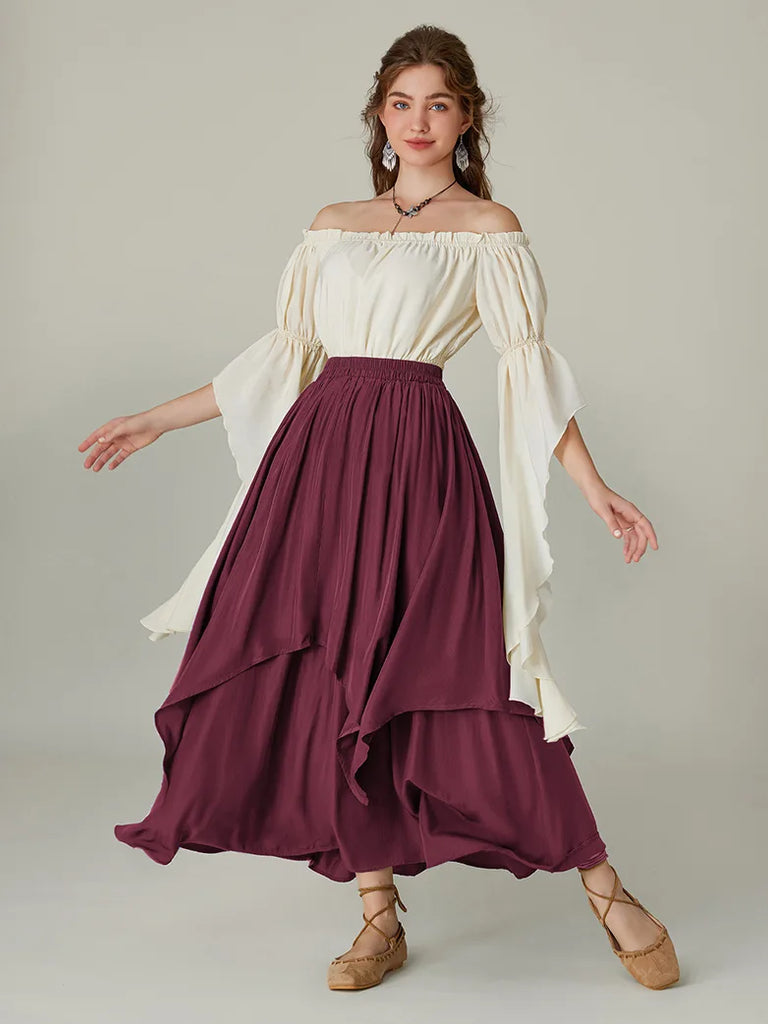 Women Renaissance Dual-Layer Swing Maxi Skirt SCARLET DARKNESS