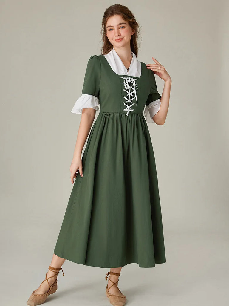 Women Colonial and Pioneer Lace up Maxi Dress with Pocket SCARLET DARKNESS