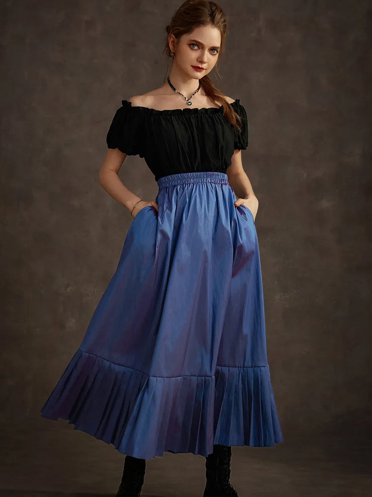 Victorian Goth Tiered Pleated Hem Chameleon Maxi Skirt SCARLET DARKNESS