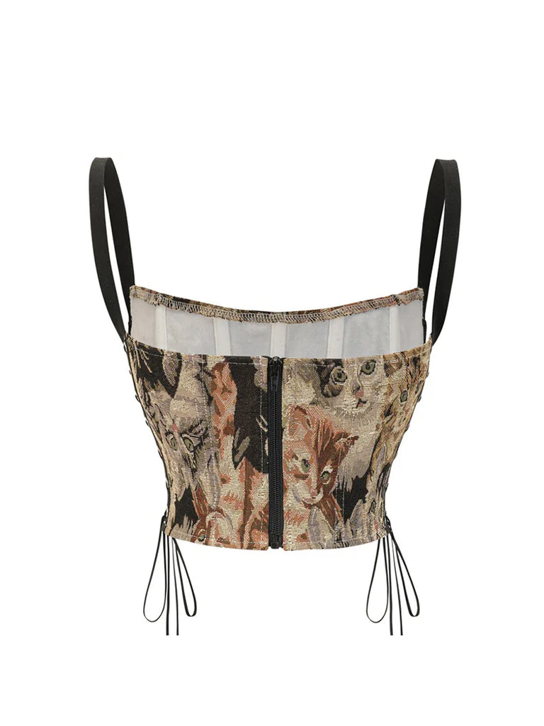 Women Victoria Strappy Cat Jacquard Corset SCARLET DARKNESS