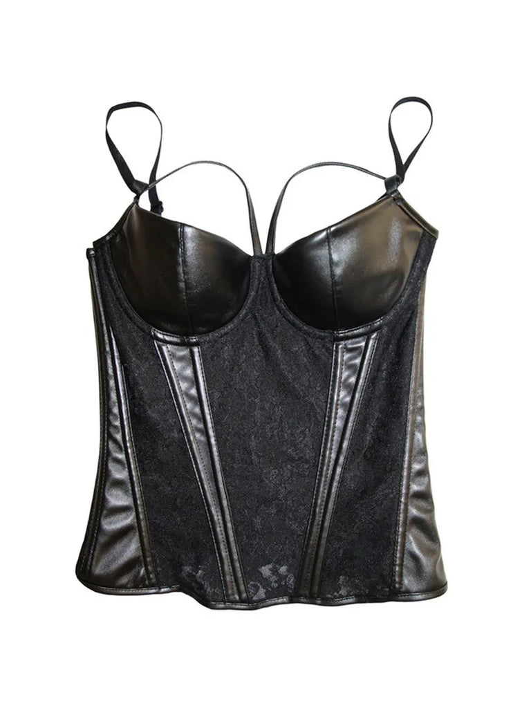 Women Halter Top Gothic PU Leather Lace Patchwork Tops SCARLET DARKNESS