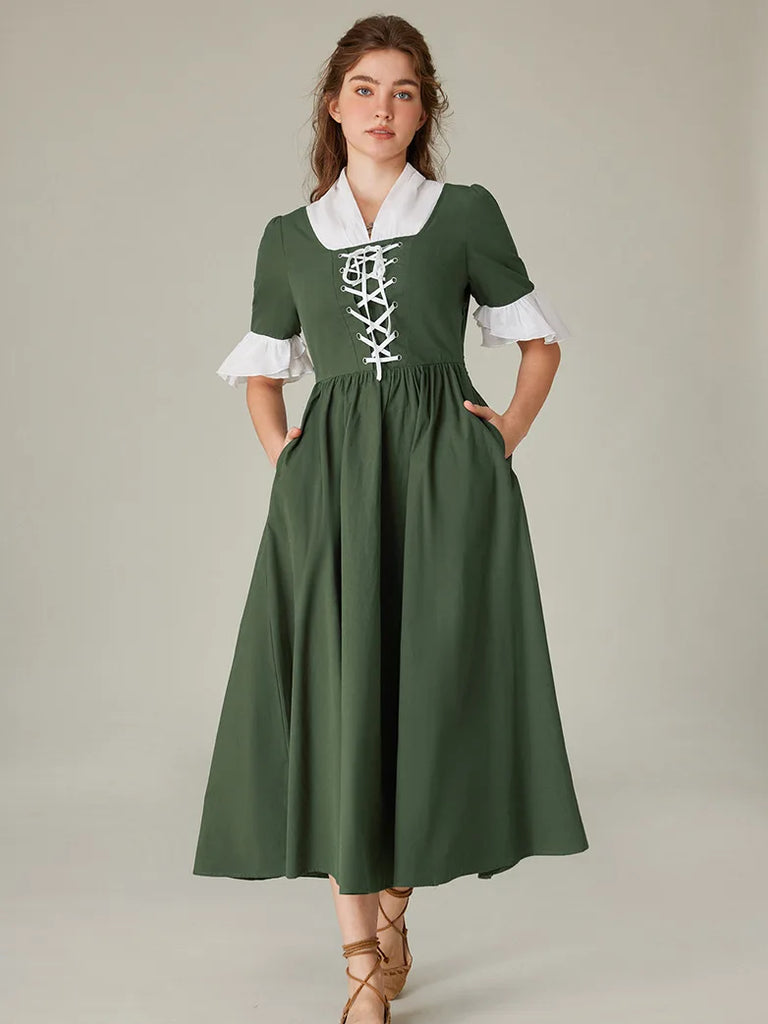 Women Colonial and Pioneer Lace up Maxi Dress with Pocket SCARLET DARKNESS