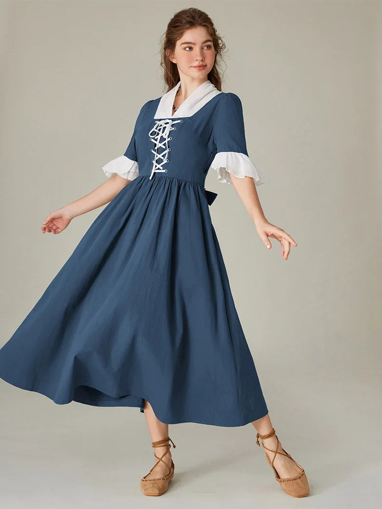 Women Colonial and Pioneer Lace up Maxi Dress with Pocket SCARLET DARKNESS