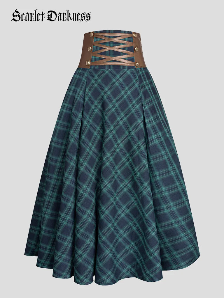 Plaided High Waist Buttons Decorated A-Line Skirt SCARLET DARKNESS