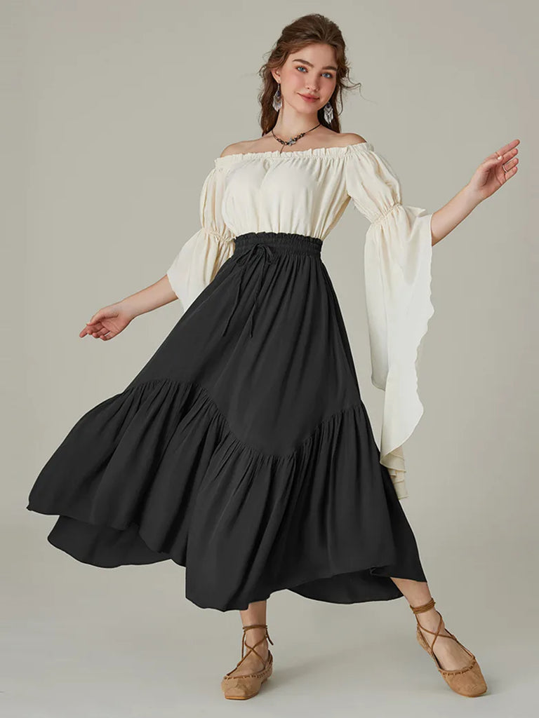 Women Elastic Waist Irregular Hem Flared Swing Skirt SCARLET DARKNESS