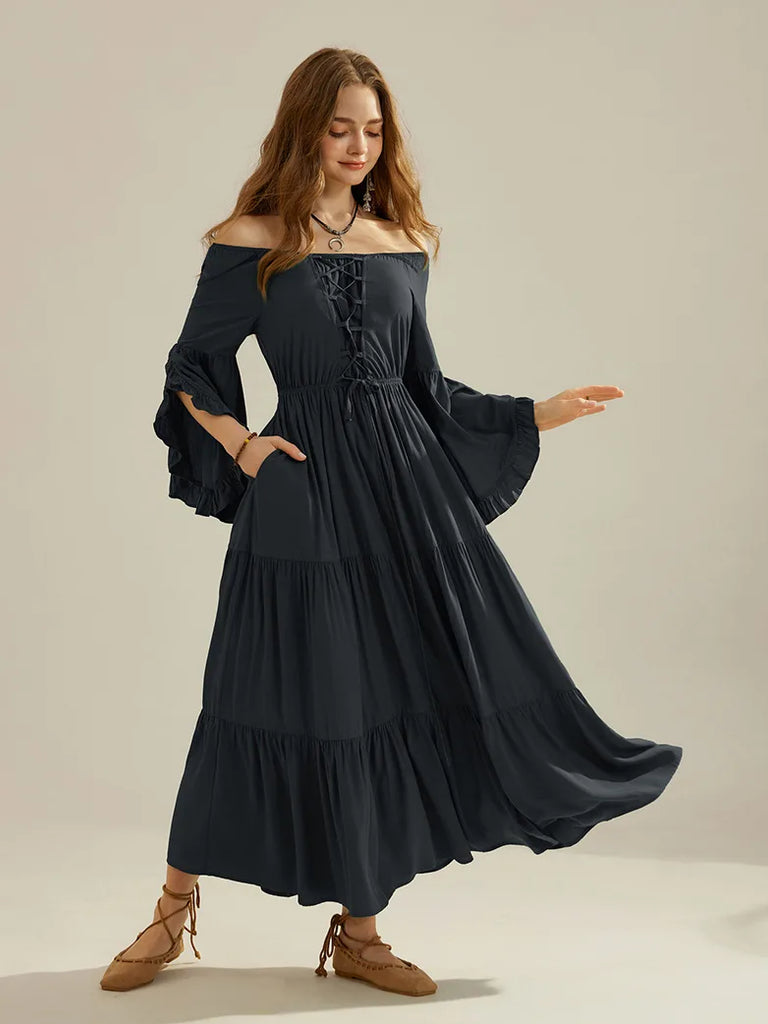 Renaissance Off Shoulder Dress Front Slit A-Line Dress SCARLET DARKNESS