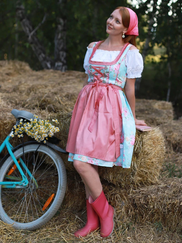 German Bavarian Oktoberfest Costumes Tops+Cotton Dress+Apron Scarlet Darkness