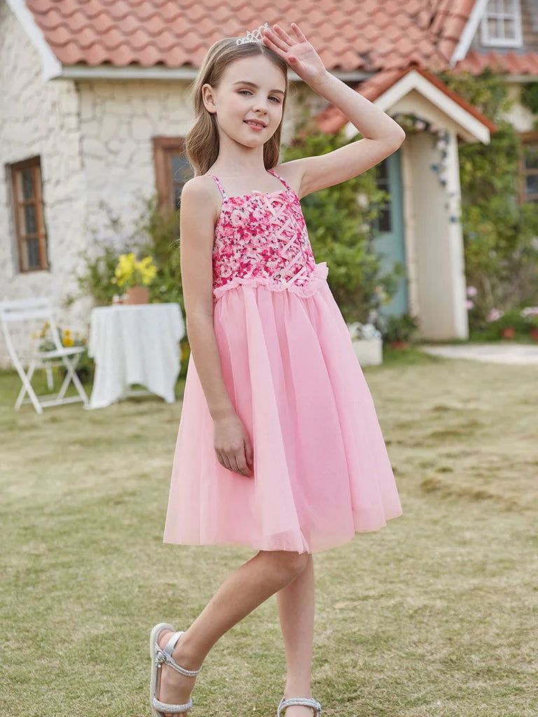 Kids Princess Dress Tulle Netting Spaghetti Straps Flared Dress SCARLET DARKNESS